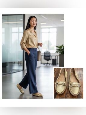 J. Crew loafers gold leather metallic flats Bridlebit details size 6 wmns